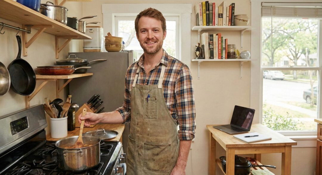 About Me 1 Evan Carter smiling in his sunlit Austin kitchen while cooking a one-pan meal for Easy Solo Recipes.